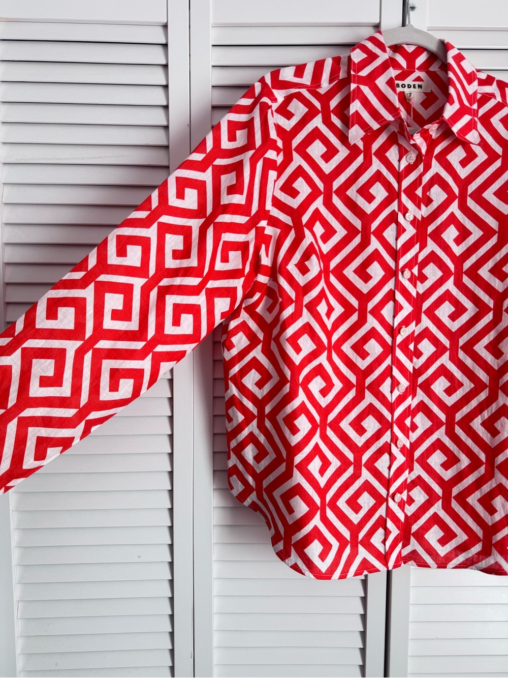 Boden Linen Red Hampstead Button Down Long Sleeve Shirt Geometric Maze 12 NWT - Picture 5 of 8